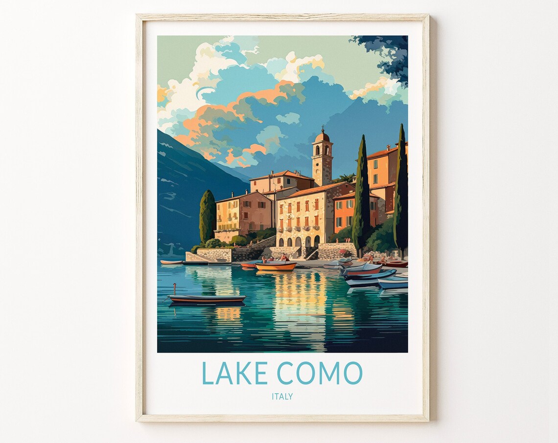 Lake Como Italy Lakeside Village Boats Retro Sunset Travel Poster