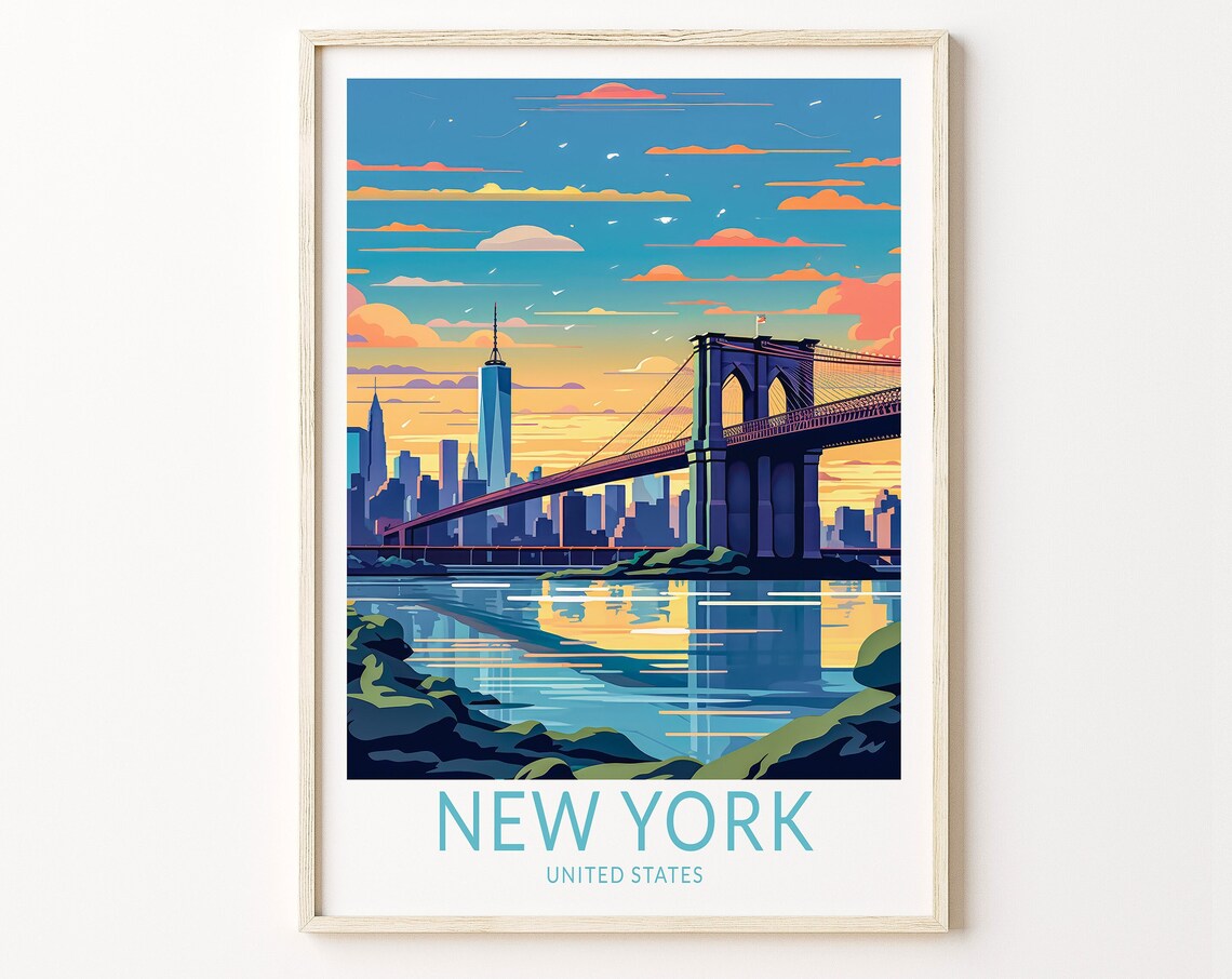 New York Brooklyn Bridge Sunset Manhattan Skyline Travel Poster