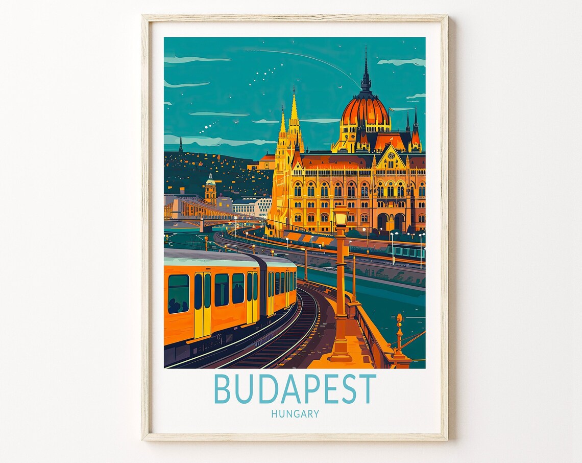 Budapest Hungary Night Tram Parliament Building Travel Poster