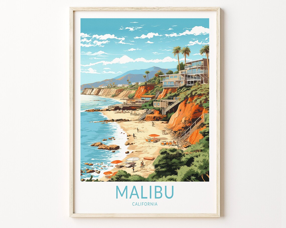 Malibu California Travel Poster, USA Wall Art