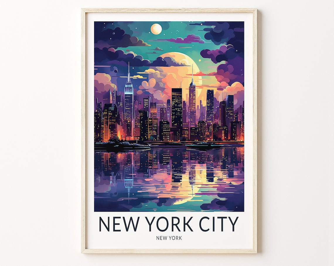 New York Skyline Night Travel Poster, Travel Home Decor
