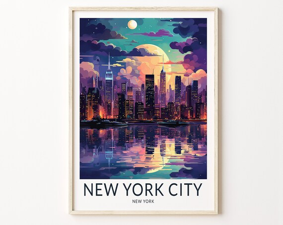New York Skyline Night Travel Poster, Travel Home Decor