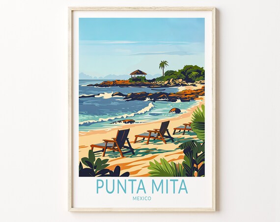 Punta Mita Mexico Daytime Beach Lounge Chairs Vintage Travel Poster