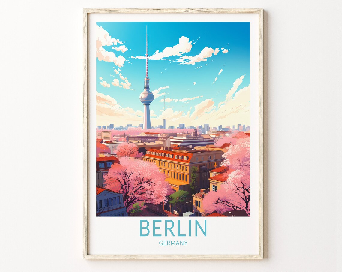 Berlin Germany TV Tower Spring Cherry Blossom Season Travel Poster