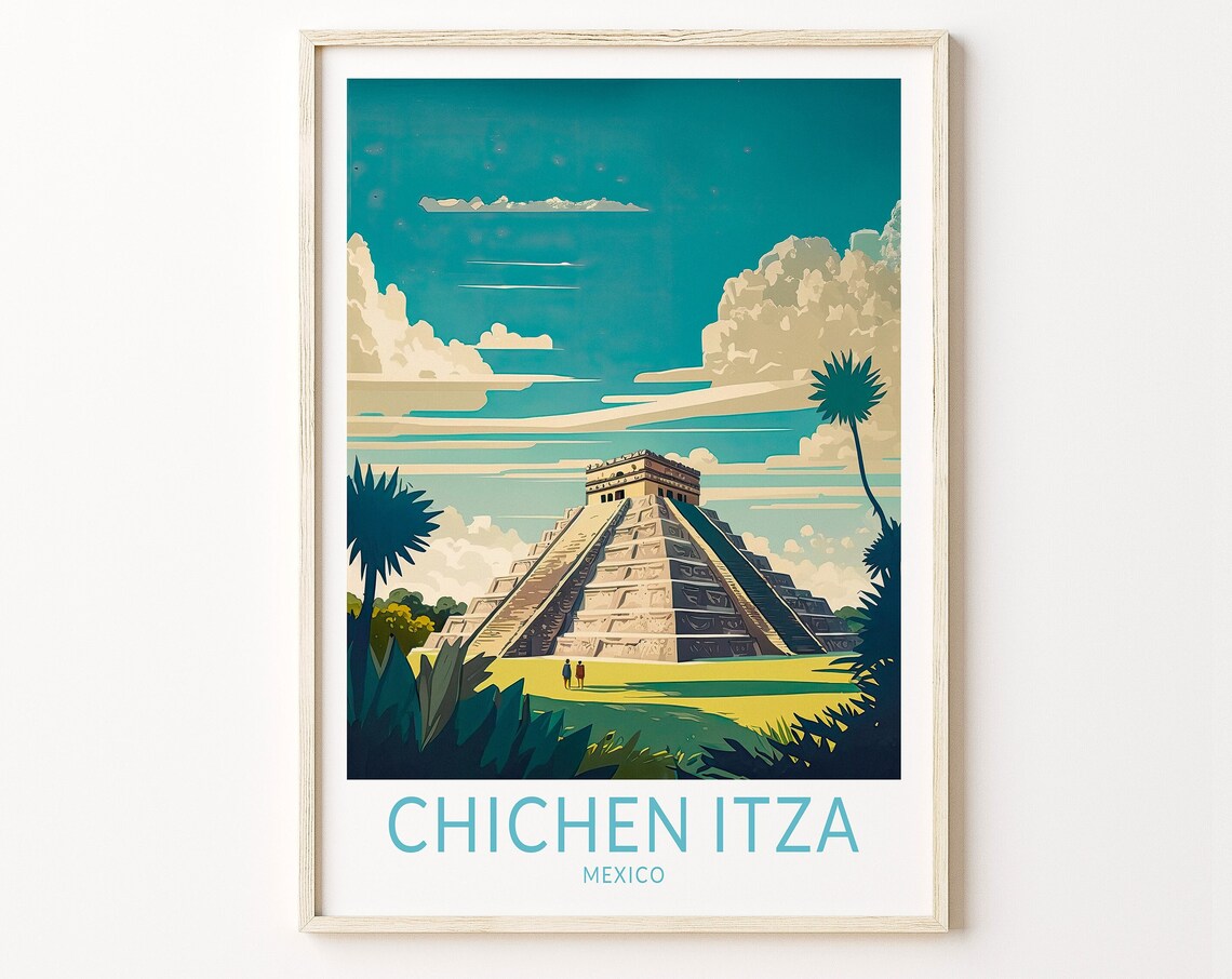 Chichen Itza Mexico Mayan Pyramid Palm Trees Vintage Daytime Travel Poster