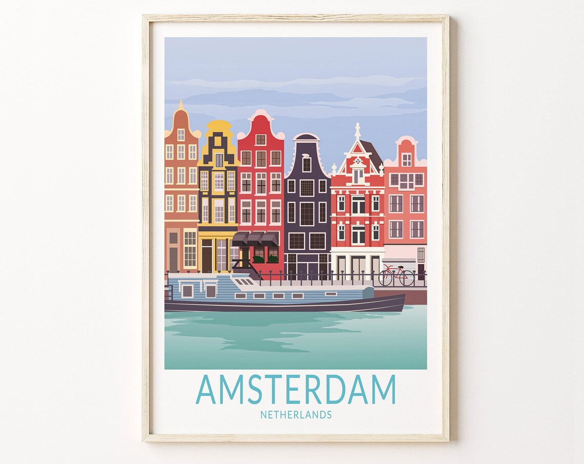 Amsterdam Netherlands Colorful Canal Houses Boat Travel Poster
