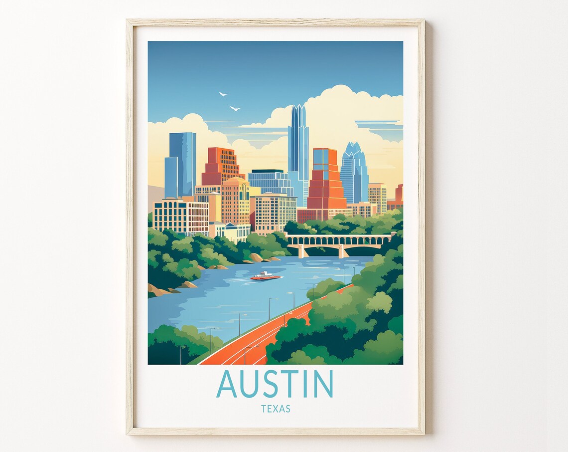 Austin Texas Travel Poster, City Skyline Artwork