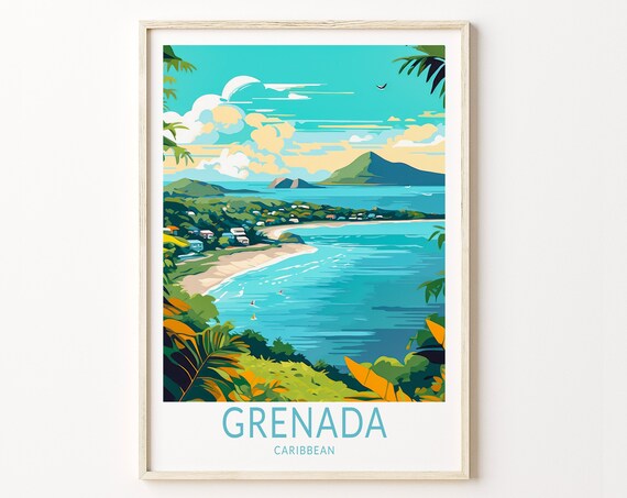 Grenada Caribbean Tropical Bay Sailboats Coastal Town Mountain View Travel Poster