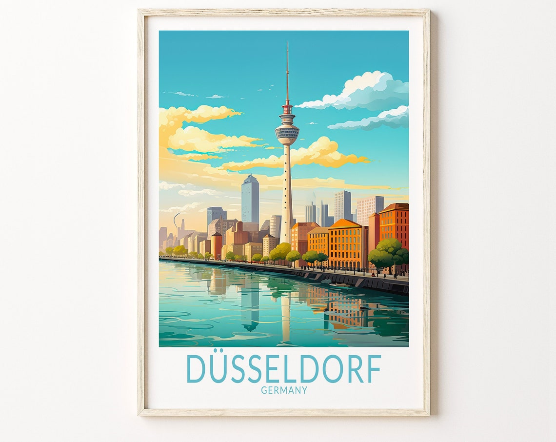 Dusseldorf Germany Rheinturm Tower Rhine River Sunset Skyline Poster