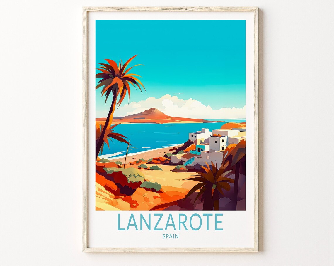 Lanzarote Spain White Village Coast Travel Poster with Volcanic Hills
