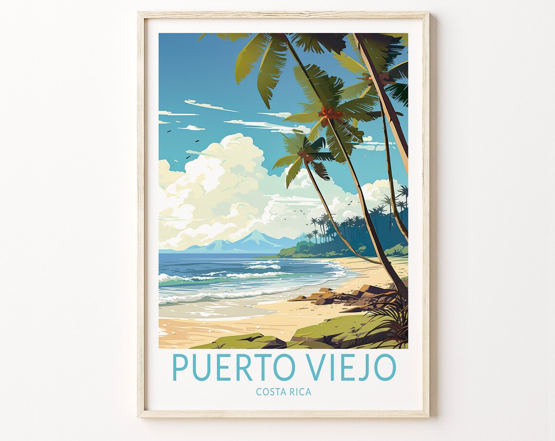 Puerto Viejo Costa Rica Retro Travel Poster With Palm Beach Scene