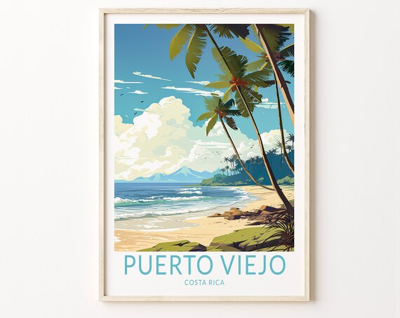 Puerto Viejo Costa Rica Retro Travel Poster With Palm Beach Scene