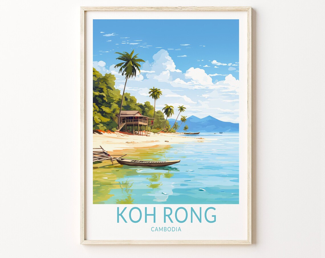 Koh Rong Cambodia Tropical Beach Palm Trees Longboat Travel Poster