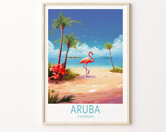 Aruba Caribbean Flamingo Beach Palm Trees Tropical Island Travel Poster