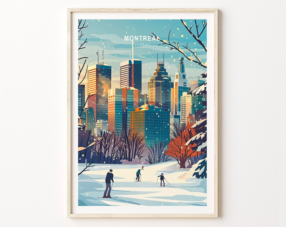 Montreal Canada Winter Skyline Ice Skaters Vintage Travel Poster