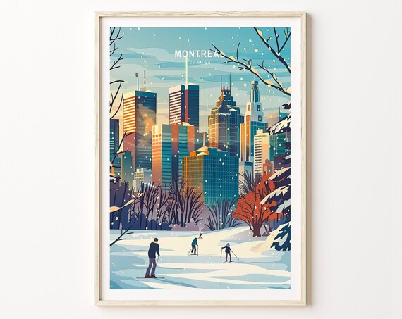 Montreal Canada Winter Skyline Ice Skaters Vintage Travel Poster