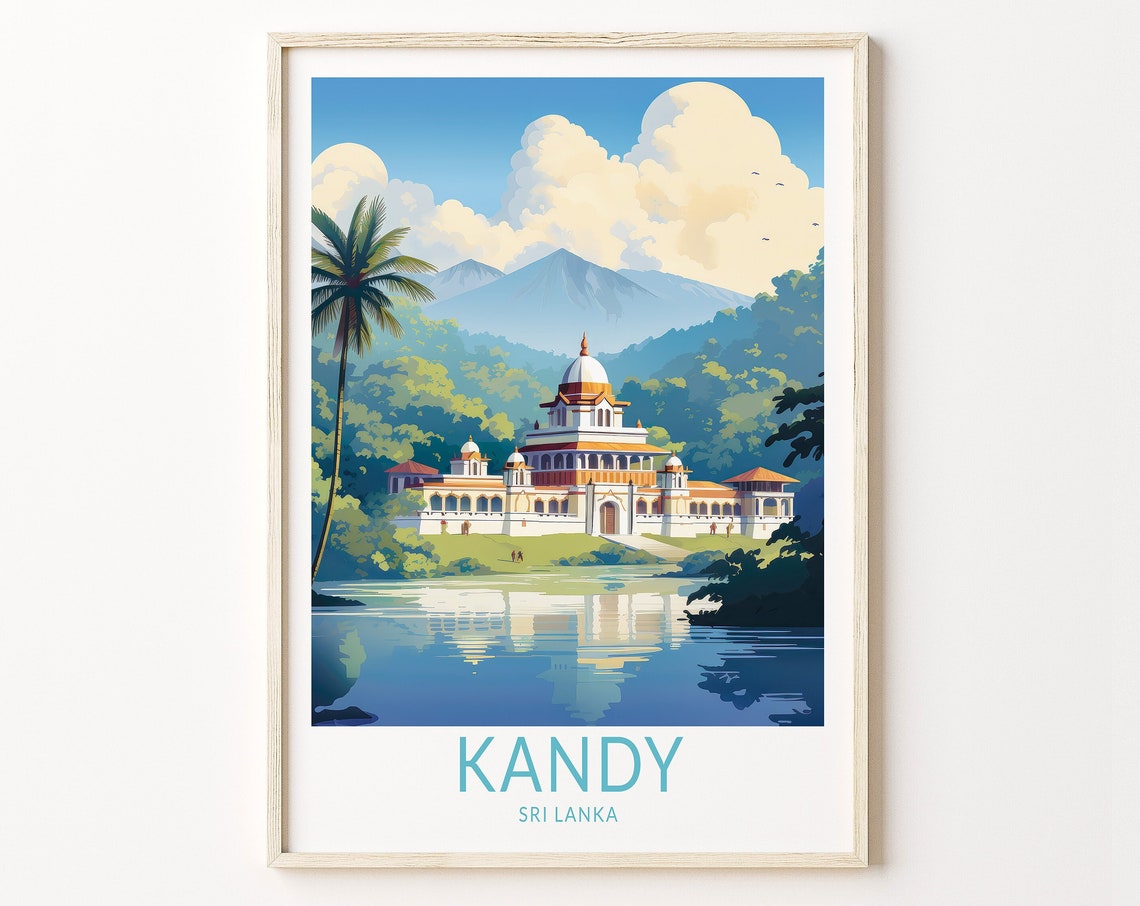 Kandy Sri Lanka Lakeside Temple Mountain View Vintage Travel Poster