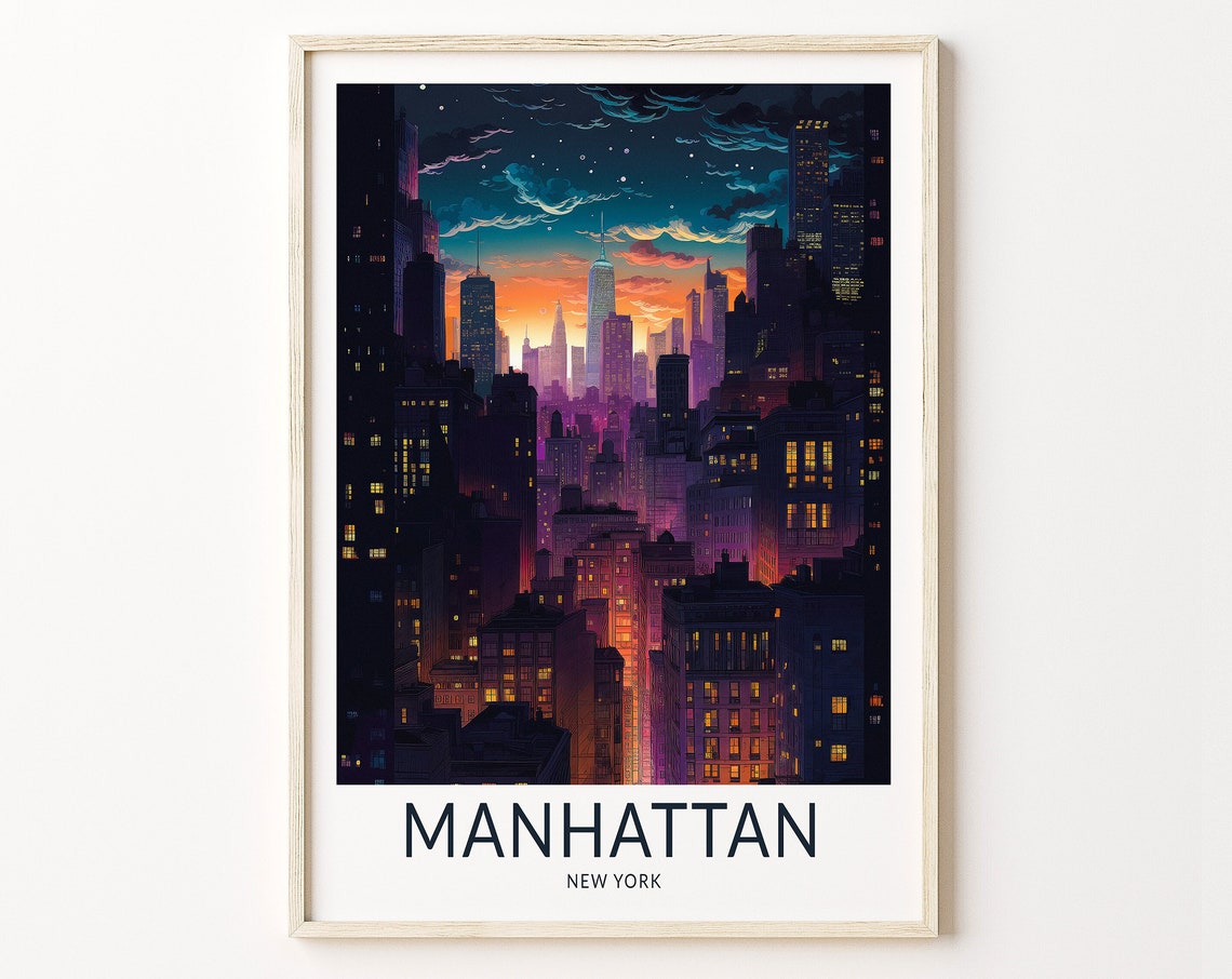 Manhattan Dark Night New York Travel Print New York Travel Poster Wall Art New York Manhattan Wall Art City Skyline Travel Poster