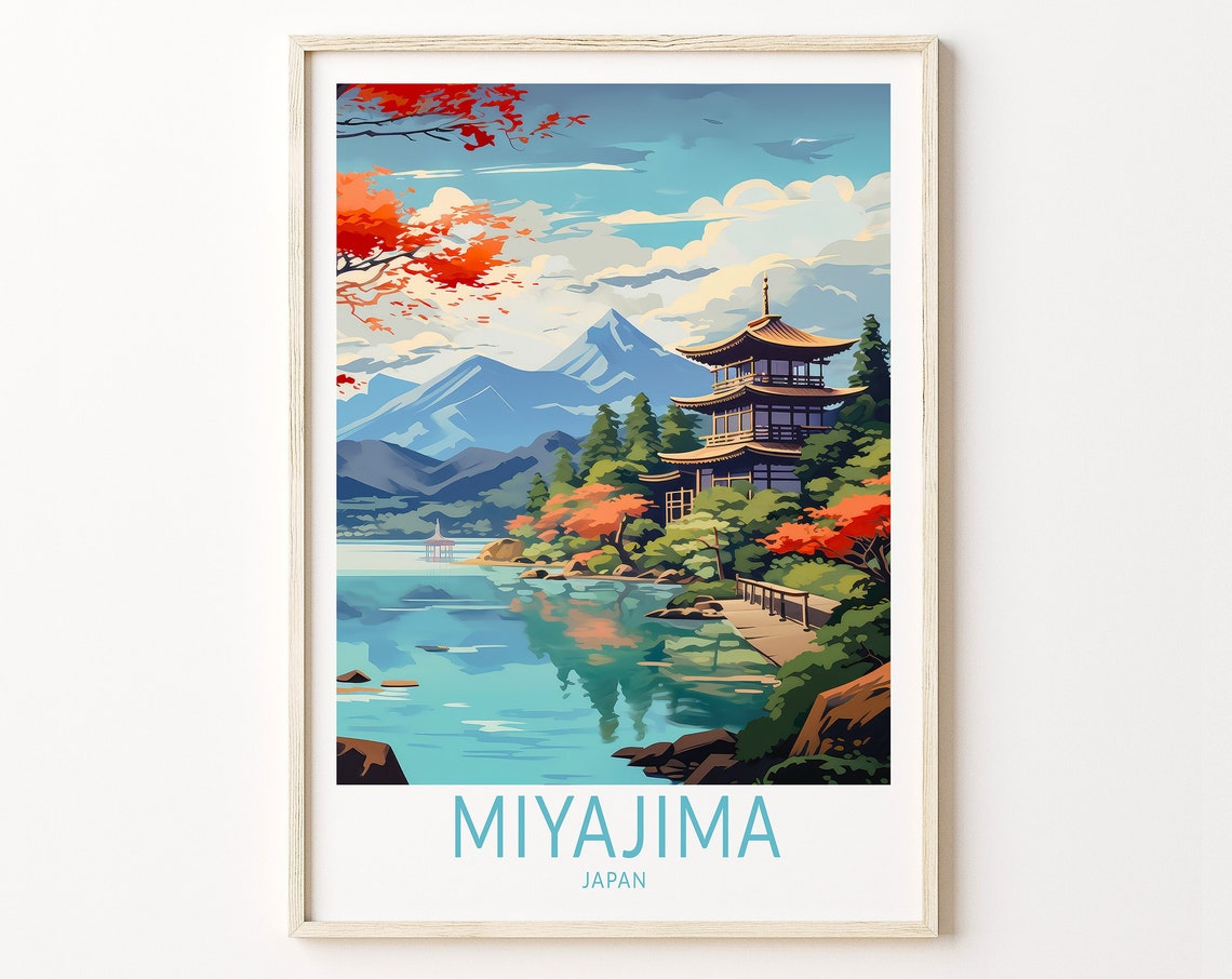 Miyajima Japan Travel Poster Pagoda Lake Autumn Leaves Artwork