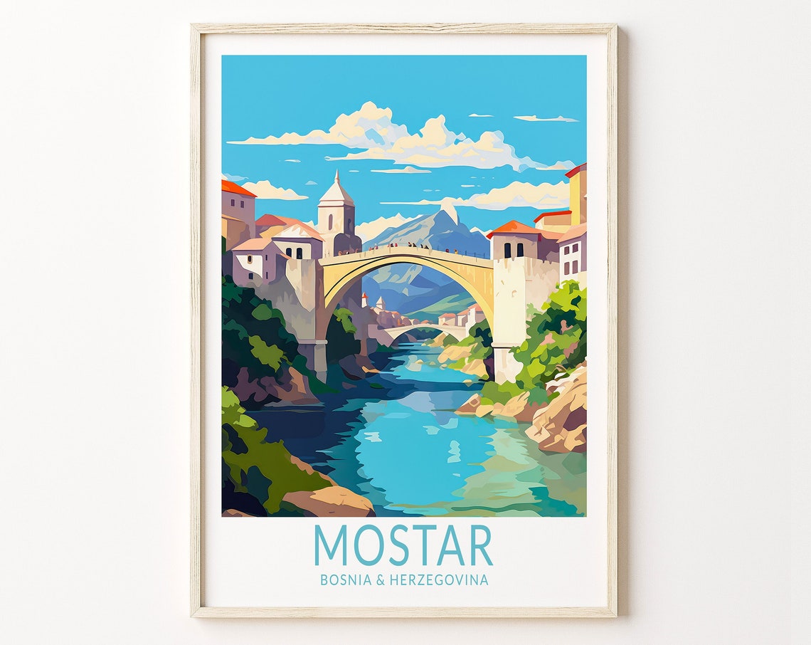 Mostar Bosnia Old Bridge Over Neretva River Vintage Travel Poster