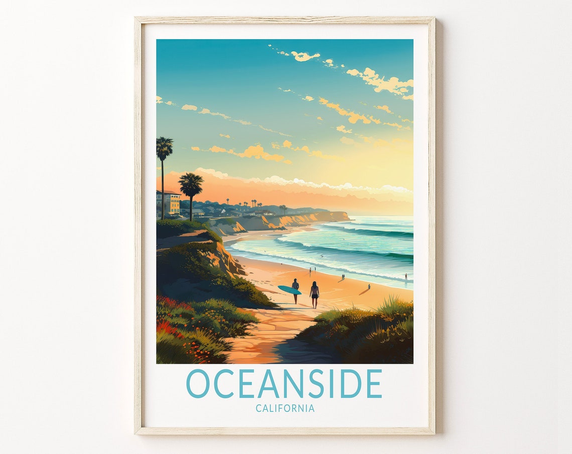Oceanside California Sunset Beach Surfer Travel Art Poster Decor