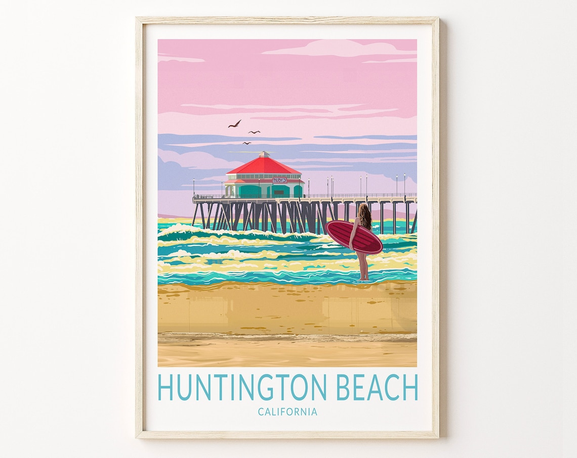 Huntington Beach California Travel Poster, Pier Postcard