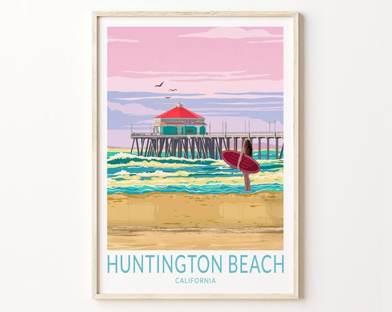 Huntington Beach California Travel Poster, Pier Postcard