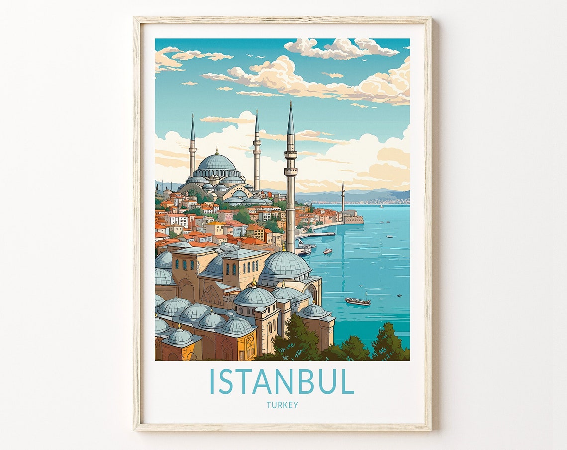 Istanbul Mosques Bosphorus Skyline Turkey Retro Travel Poster