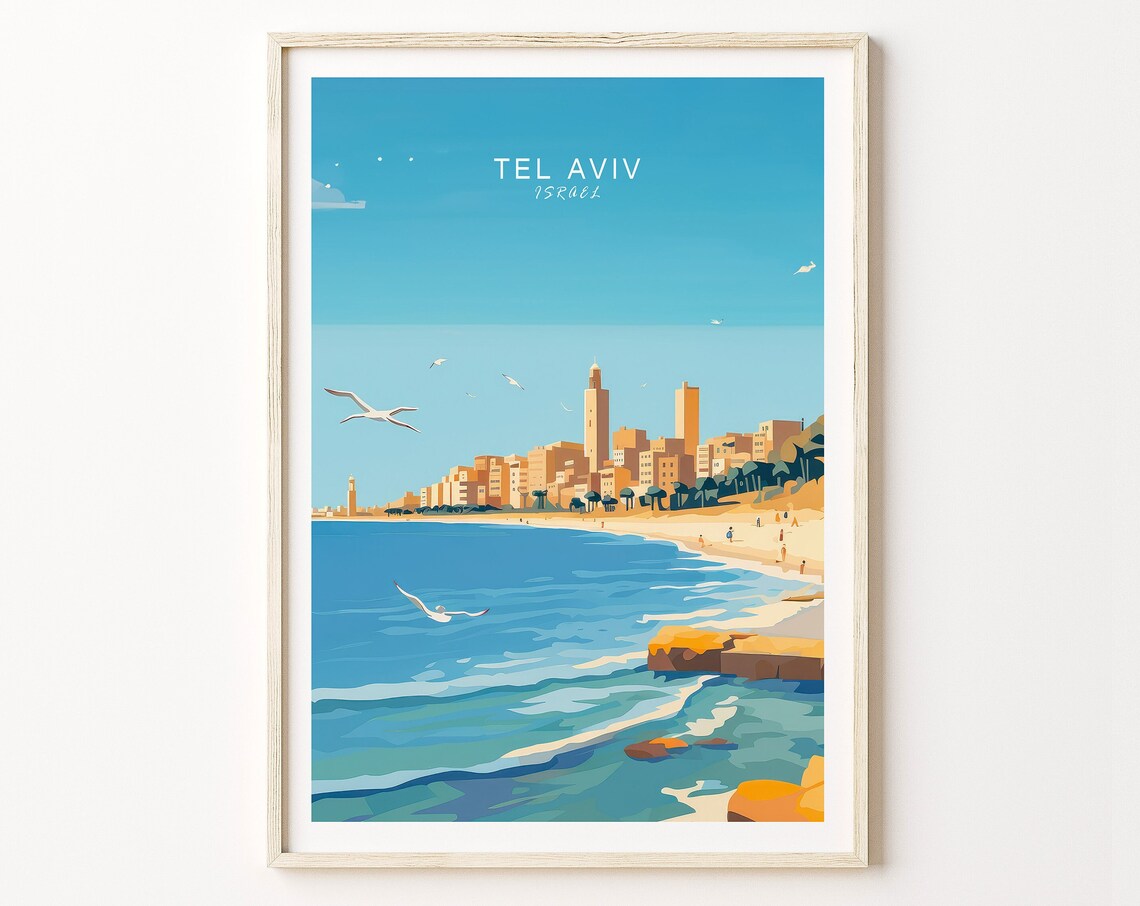 Tel Aviv Israel Coastal City Beach Skyline Vintage Travel Poster