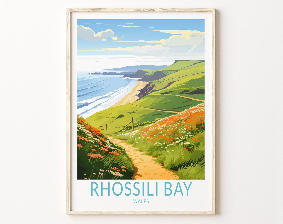 Rhossili Bay Wales Vintage Coastal Cliff Walk Wildflower Poster