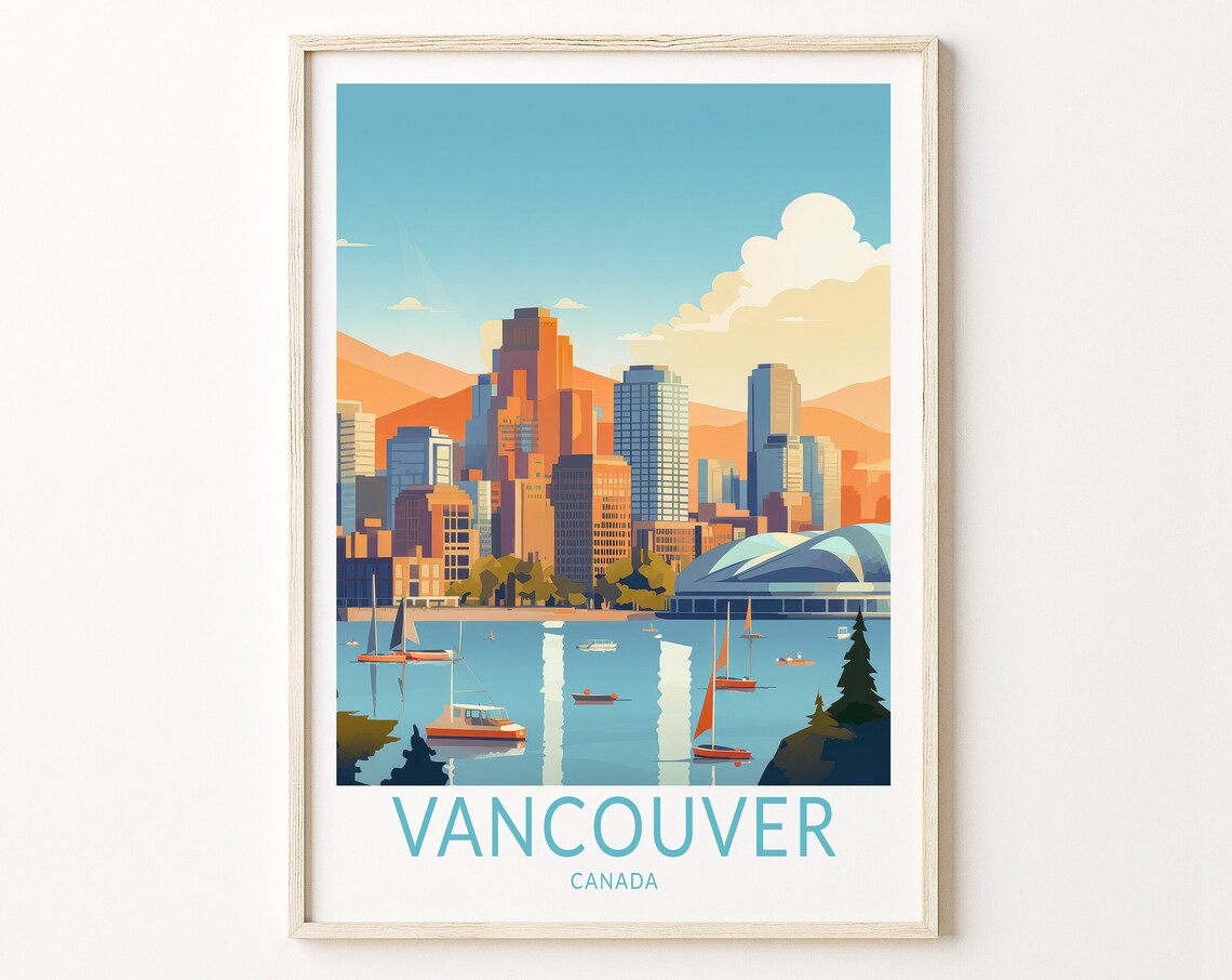 Vancouver Canada City Skyline Harbor Sailboats Travel Poster