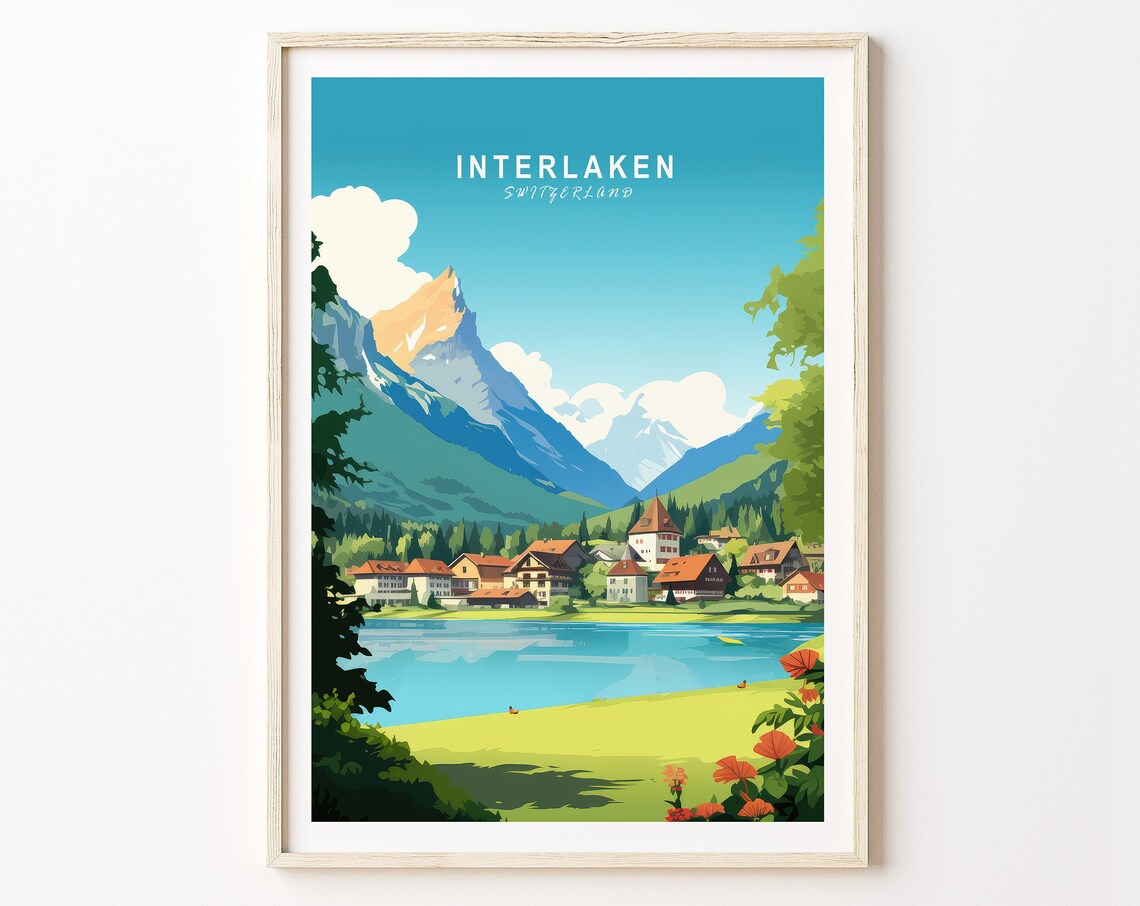 Interlaken Switzerland Alpine Lake Vintage Travel Poster Artwork