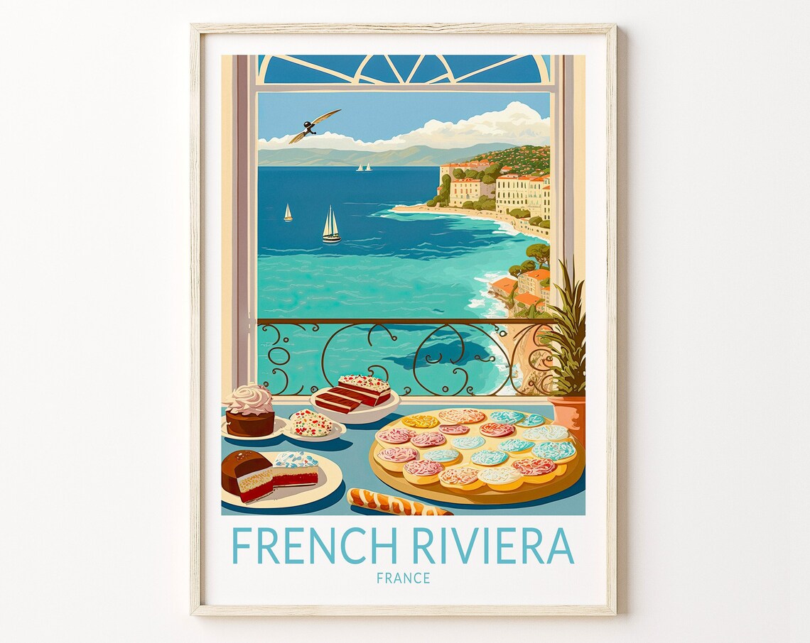 French Riviera Travel Poster, Côte d'Azur Food Coastline