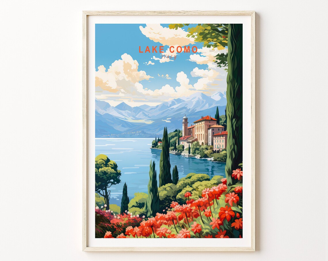 Lake Como Italy Vintage Lakeside Travel Illustration Home Decor Poster