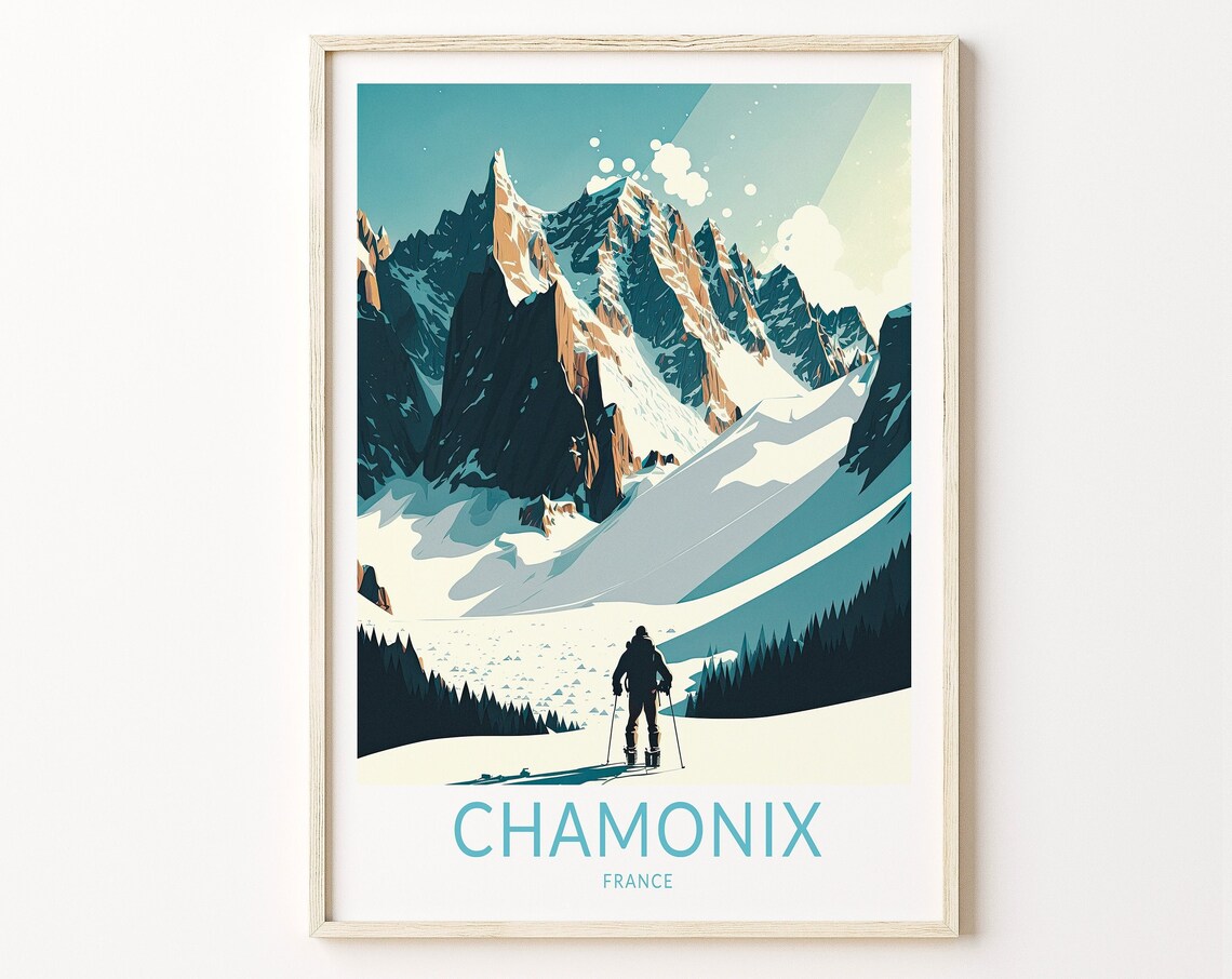 Chamonix France Travel Poster, Winter Ski Travel Print