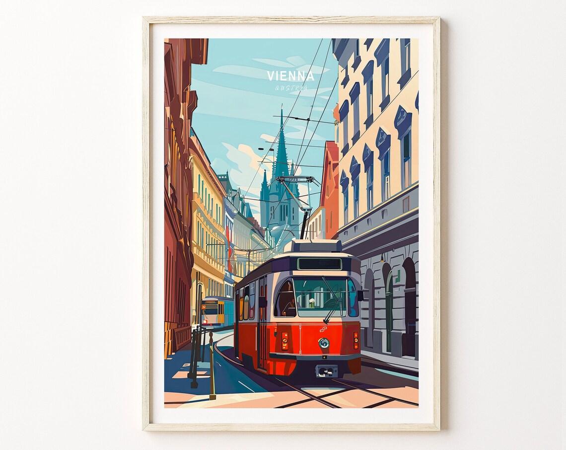 Vienna Austria Old Town Red Tram Skyline Retro Travel Art Poster