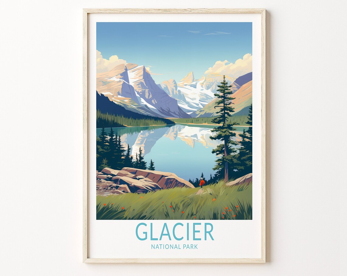Glacier National Park Mirror Lake and Snowy Peaks Scenic Poster