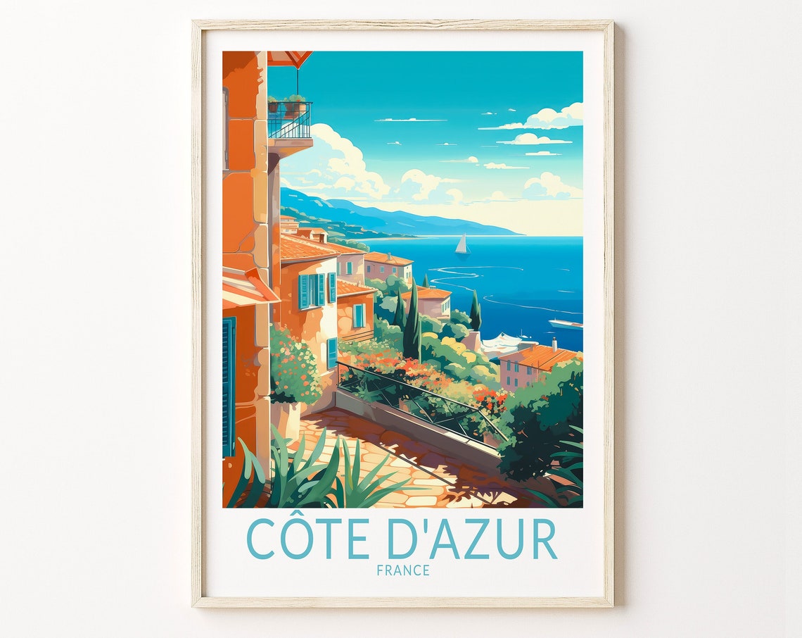 Côte d'Azur France Mediterranean Hillside Village Travel Poster