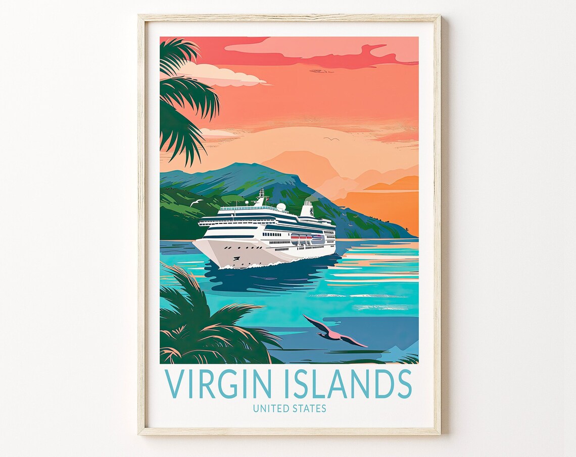 Virgin Islands United States Cruise Ship Sunset Travel Poster