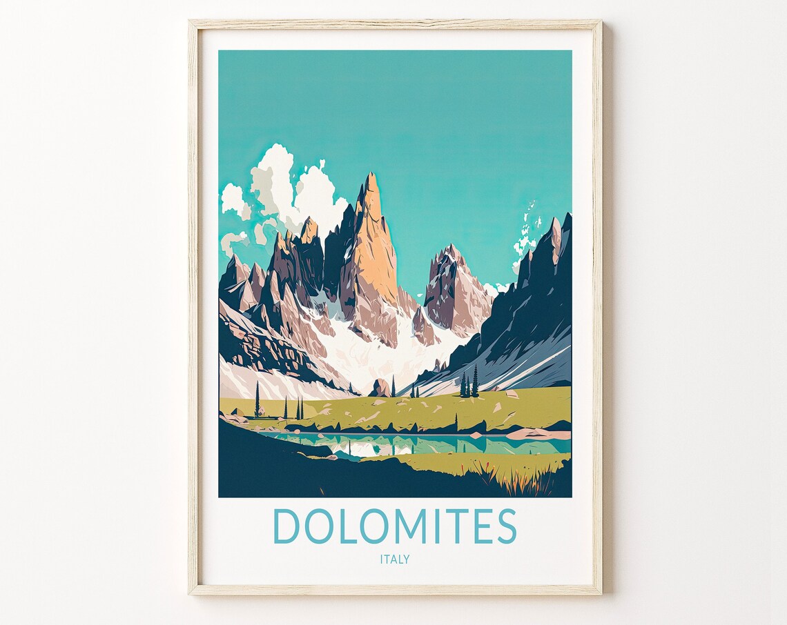 Dolomites Alpine Peaks Mountain Lake Retro Italy Travel Poster