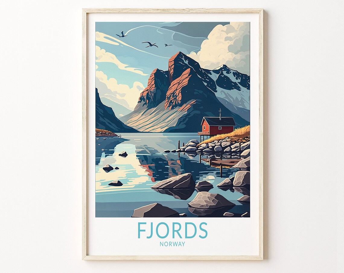 Fjords Norway Travel Poster, Norwegian Landscape
