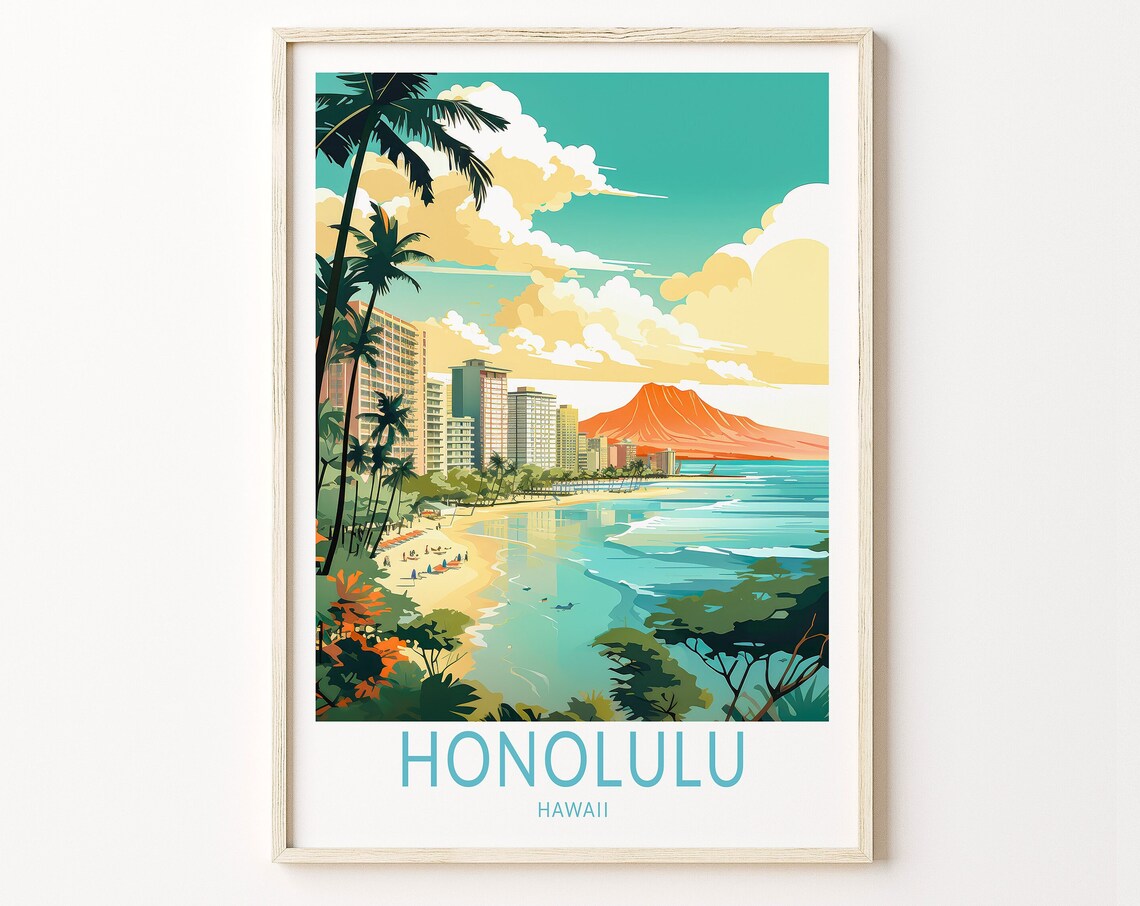 Honolulu Hawaii Travel Poster, Coastal Travel Art Print