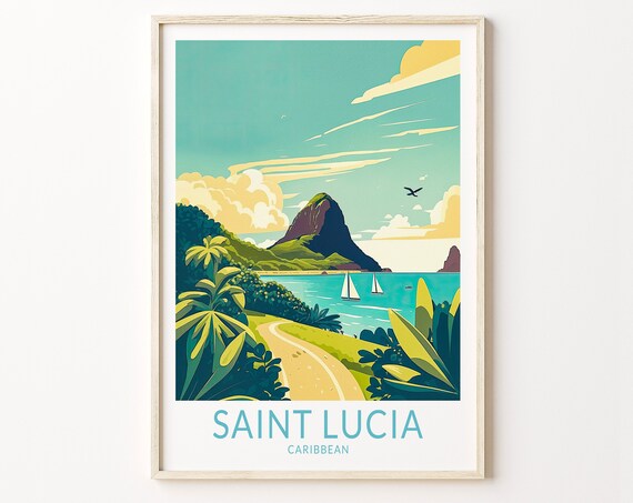 Saint Lucia Caribbean Pitons Sailboats Tropical Bay Retro Travel Poster