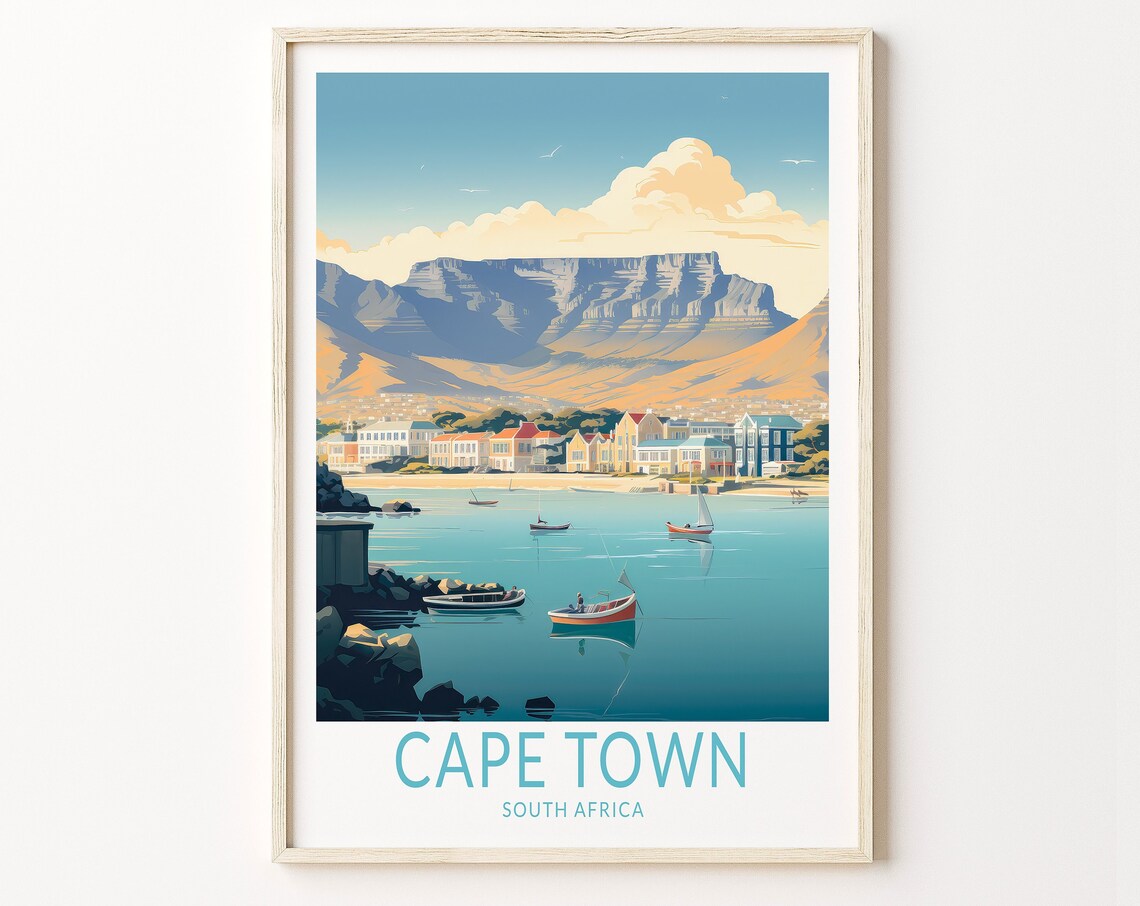 Cape Town South Africa Table Mountain Harbor Boats Travel Poster