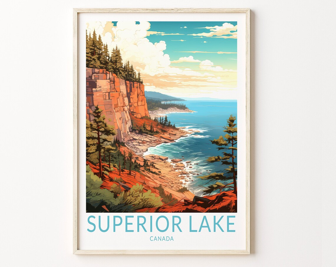 Superior Lake Canada Red Cliffs Pine Forest Shoreline Travel Poster