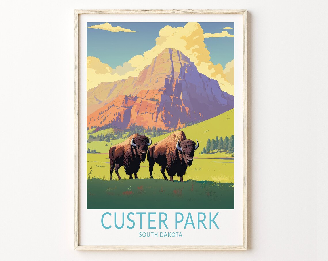 Custer Park South Dakota Bison Mountain Prairie Travel Poster