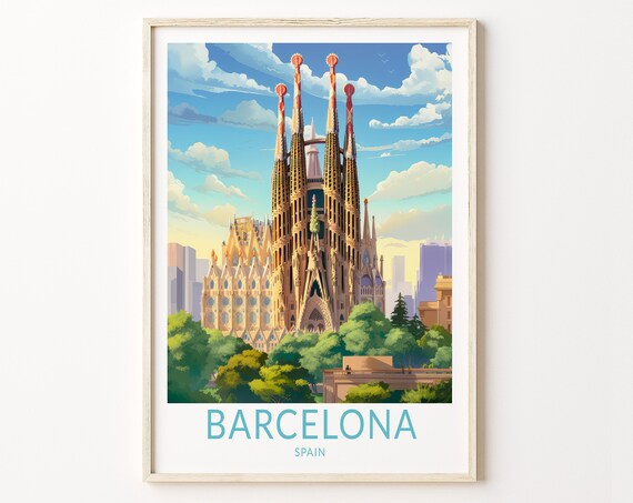Barcelona City Travel Poster, Spain Wall Decor