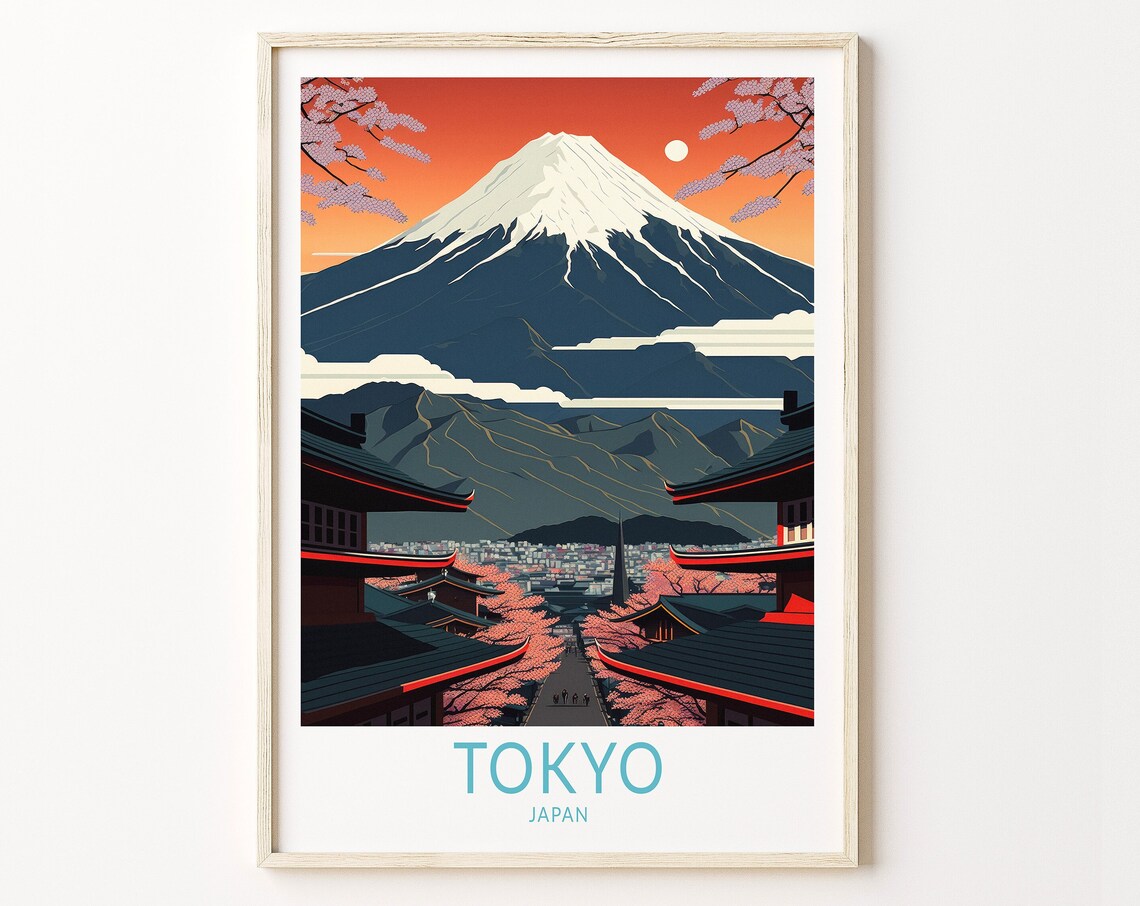 Tokyo Japan Travel Poster, Fuji Mountain Wall Art