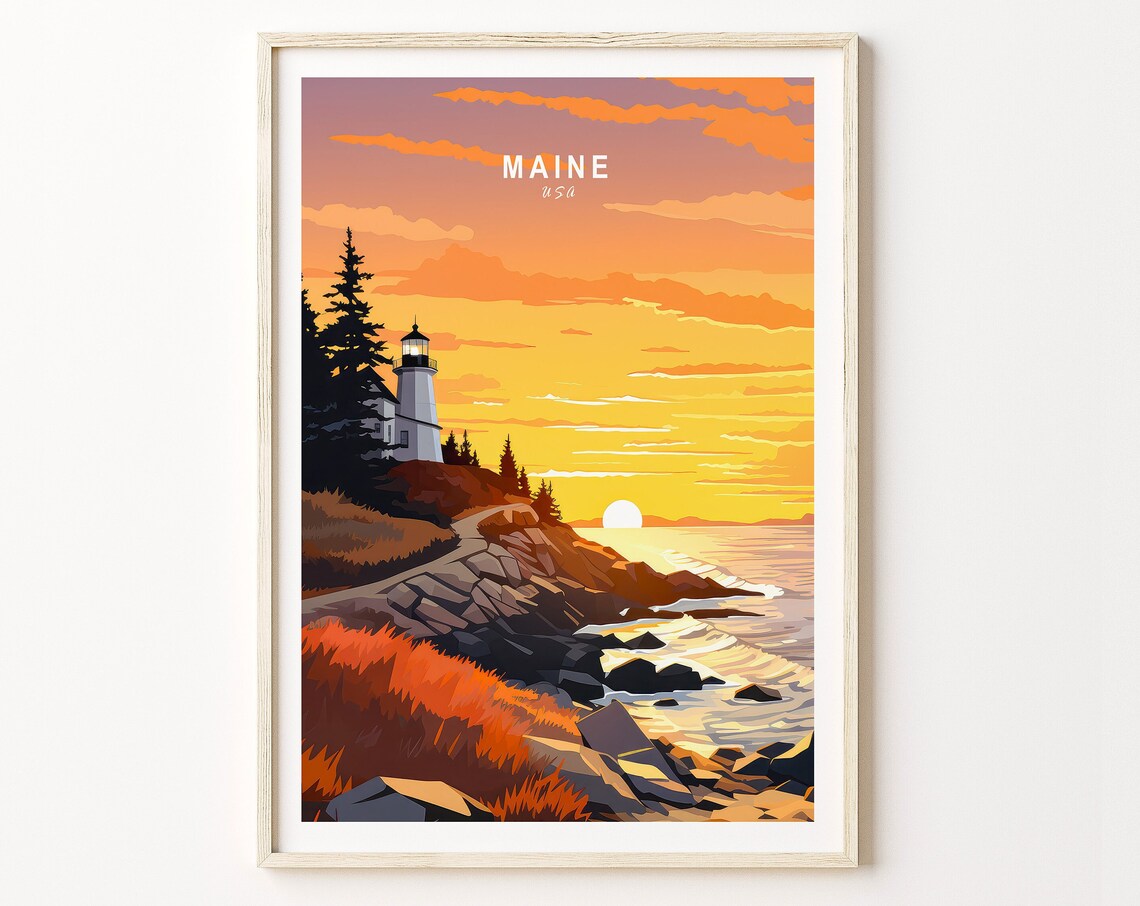 Maine Coastal Lighthouse at Sunset New England Travel Poster Art