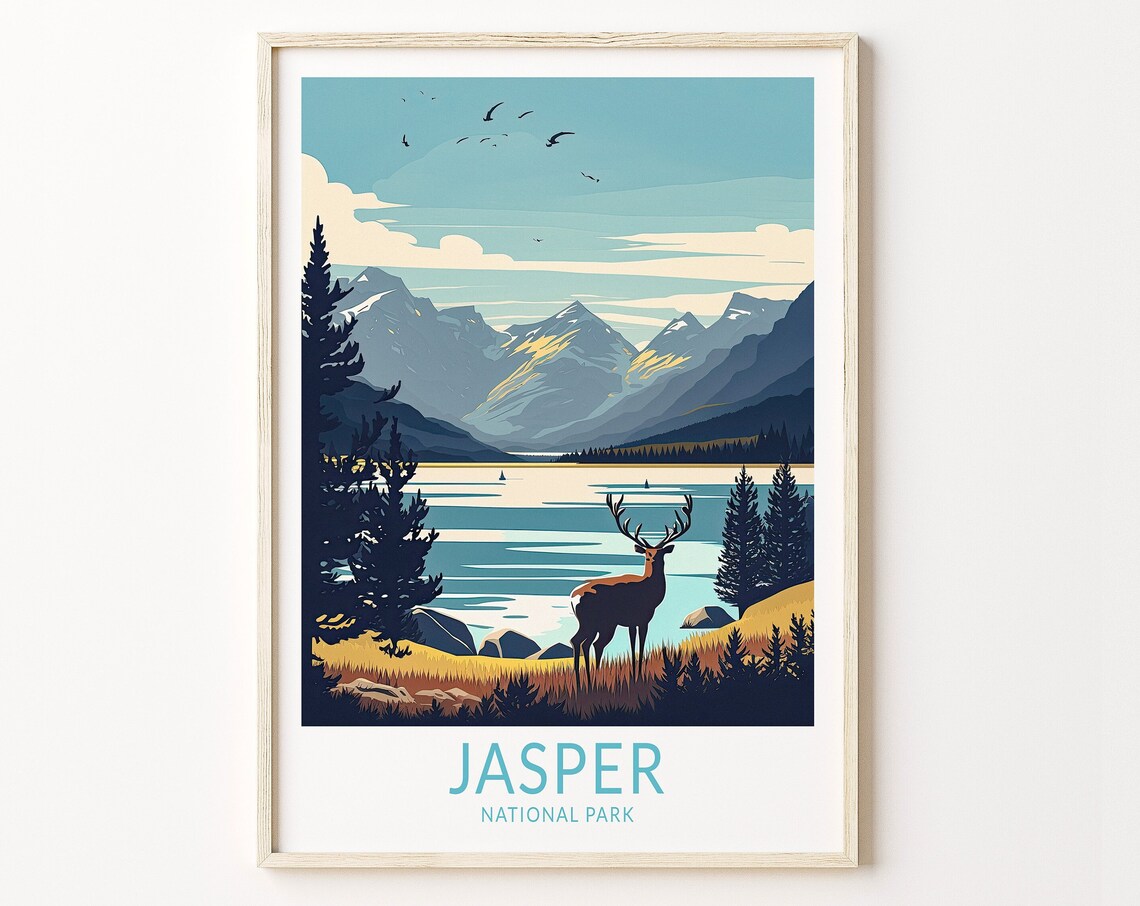Jasper National Park Elk Mountain Lake Alberta Canada Travel Poster